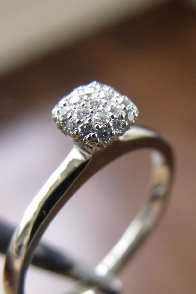 Little mushroom with pavé set diamonds in white gold ring. By Marcus Ó Broin Jewellery, Kelowna, BC