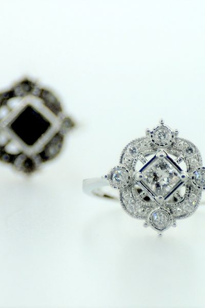 Vintage style engagement ring in white gold with diamonds. By Marcus Ó Broin Jewellery, Kelowna, BC