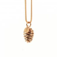 Red gold casting of an actual pinecone approximately 12mm in height. it is hanging on a red gold chain. by Marcus Ó Broin Jewellery, Kelowna, BC